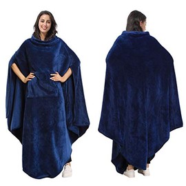 Tirrinia Fleece Wearable Blanket Comfy Poncho Plush Sleevesless Blankets for Adult Women Men Kids Capee Wrap Cover for Full Body, Indoors & Outdoors, Navy