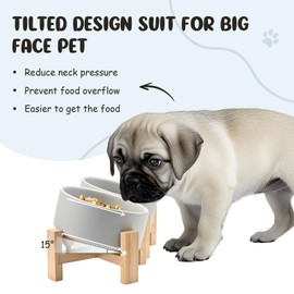 SPUNKYJUNKY 15° Slanted Ceramic Dog and Cat Bowl with Wooden Stand, Tilted Bulldog Food and Water Bowl No Slip Non-Spill for Cats Medium Dogs Big Face Pets 13.5 OZ (1.7 Cups, Grey × 2)