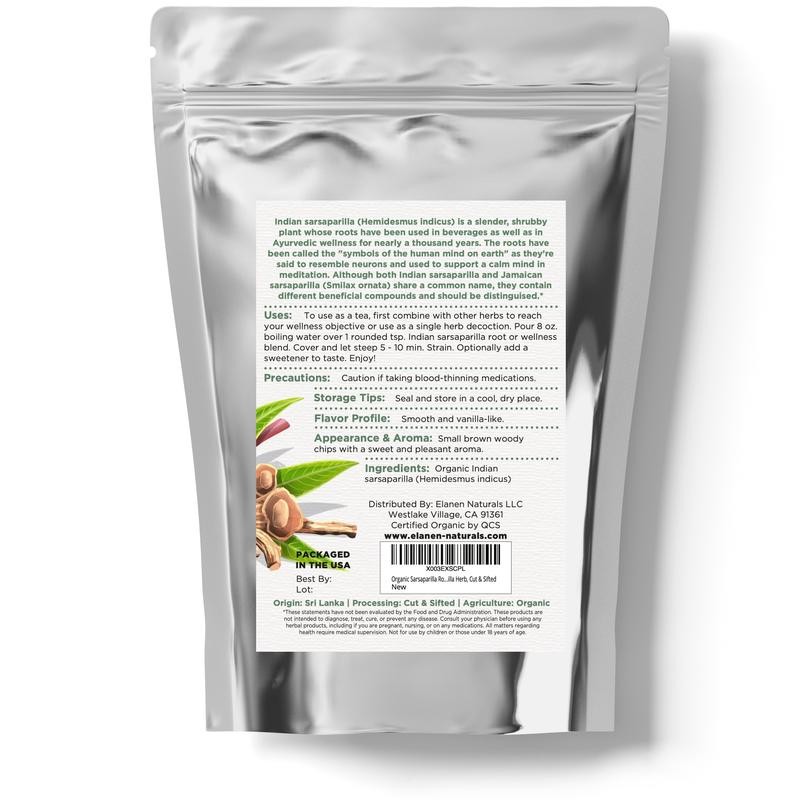 Elanen Naturals Indian Sarsaparilla Root, USDA Certified Organic, Cut &