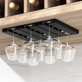 AQJUNONG Wine Glass Holder Under Shelf, 2 Pack Wine Glass Rack - Punch-free Under Cabinet Stemware Glasses Storage Hanger, Plastic Organizer for Bar, Self-adhesive (Classic Black)