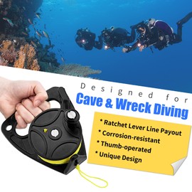 Diving Reel with Thumb Stopper, Heavy Duty 46m/150ft Yellow Line SMB Scuba Ratchet Dive Reel with Handle Stop Switch for for Cave, Wreck,Drift Diving,Kayak Anchorand More Underwater Activities