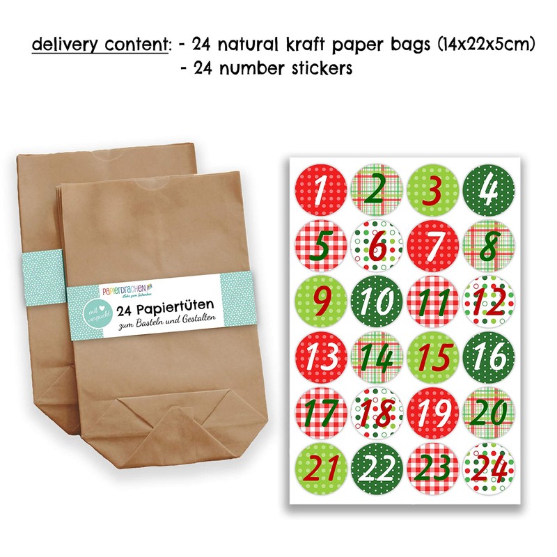 DIY advent calendar set (24 brown gift bags, 24 coloured number stickers,