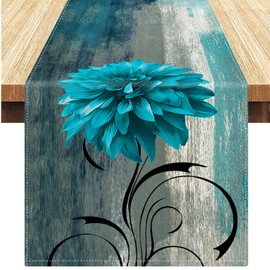 Autumn Linen Table Runner Abstract Art Painting Teal Grey Flowers Table Decoration Vintage Washable Dining Tablecloth Table Runner Bohemia for Banquet Party Holiday Weddings 40 x 140 cm