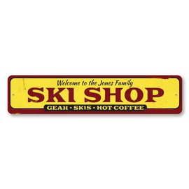 Family Ski Shop Sign, Welcome Ski Gear Skis & Hot Coffee Sign, Custom Family Name Ski Lodge Aluminum Decor - 4" x 18"