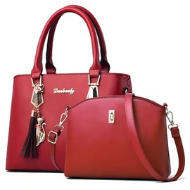 Haipky 2Pcs Women PU Leather Top-Handle Bag Set with Tassel Ornaments, Satchels, Tote, Shoulder & Crossbody Handbag Purse