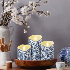 3PCS Chinoiserie Flameless Candles – Blue and White Porcelain Candles with Remote,Floral Battery Operated LED Candles,Blue Pillar Candles Chinoiserie Decor for Home Weddings Party Festivals