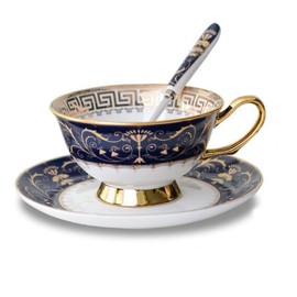 Eplze® YBK Tech Euro Style Bone China Cup& Saucer Set, Ceramic Tea Coffee Cup for Home Kitchen Wedding (Royal Pattern- Deep Blue)