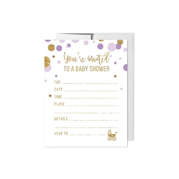 Andaz Press Lavender Purple Gold Glitter Girl Baby Shower Party Collection, Games, Activities, Decorations, Blank Invitations with Envelopes, 20-Pack