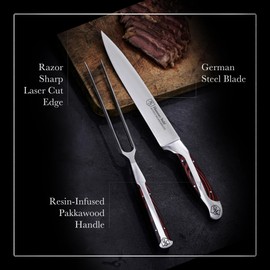 German Forged High Carbon Stainless Steel Carving Knife and Fork Set | Professional Meat Carving Set with Ergonomic Pakkawood Handle