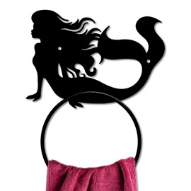 MAYJOYDIY Mermaid Metal Towel Ring Mermaid Sea Hand Towel Holder Round Ocean Theme Towel Hangers Black Bathroom Towel Rack Wall Mounted for Kitchen Bath Home Laundry Room Decors Gifts