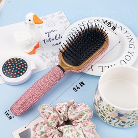 Framendino, 1 Pack Rhinestone Hair Brush Bling Crystal Compact Comb Detangle Air Cushion for Women Wet Dry All Pink
