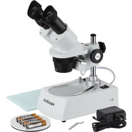 AmScope SE305R-P-LED Forward-Mounted Binocular Stereo Microscope, WF10x Eyepieces, 10X and 30X Magnification, 1X and 3X Objectives, Upper and Lower LED Lighting, Reversible Black/White Stage Plate, Pillar Stand, 120V or Battery-Powered