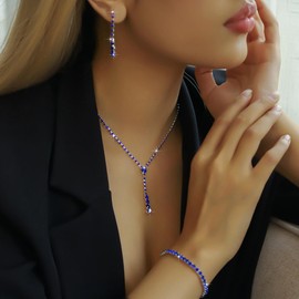 Royal Blue Necklace Jewelry Set for Prom,Rhinestone Necklace and Earrings Bracelet Blue Crystal Bridal Wedding Prom Dresses Costume Jewelry Accessories Bridal Jewelry Set Christmas Stocking Stuffers for Women