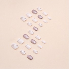 Press on Nails Short Square Fake Nails with Snowflake Designs White Nails Press ons Glossy Glue on Nails Winter Acrylic Nails Glitter Stick on Nails for Women 24Pcs