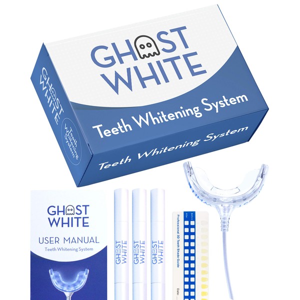 Ghost White Teeth Whitening Kit - Professional LED Light for Whiter Teeth Without Sensitivity, Includes 3 Smart Teeth Whitening Gel Refill Pens, Whitens in Less Than 10 Minutes