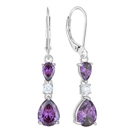 PYNZY 925 Sterling Silver Teardrop Earrings with 7x9MM Created Amethyst Birthstones, Dangle Earrings with Leverback for Women Jewelry Gifts