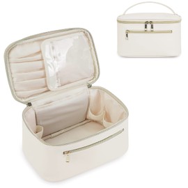 Makeup Bag Travel Cosmetic Bags with Brush Compartment Large Portable Make Up Bag with Handle PU Leather Water-Resistant Makeup Organiser Case for Women, Milky White