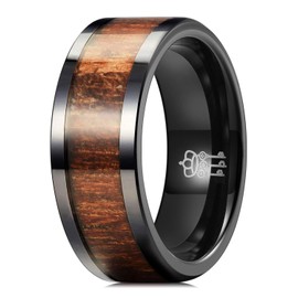 THREE KEYS JEWELRY 8mm Black Ceramic Wedding Ring with Real Koa Wood Inlay Flat Top Wedding Band Engagement Ring Comfort Fit Size 10