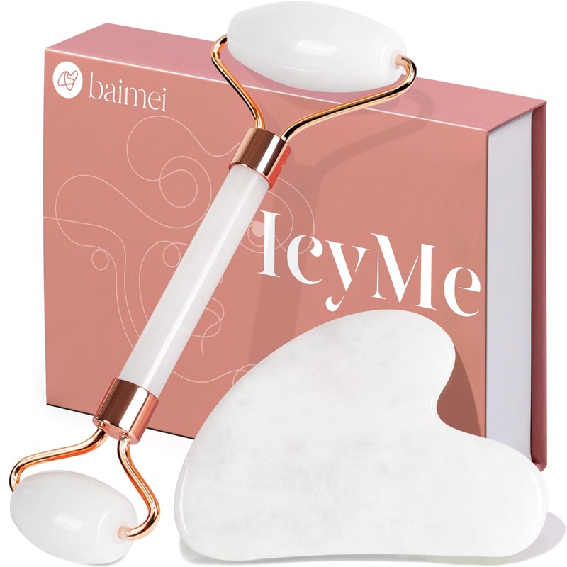 BAIMEI Face Roller & Gua Sha Set, Jade Facial Roller