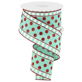 RG Ribbon Glitter Stripes and Polka Dots with Wired Edges, 2.5" Inches x 10 Yards - Dark Mint Green, Red, White - Christmas Wreaths, Bows, Crafts, and Decorations