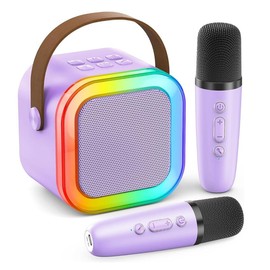 Mini Karaoke Machine for Kids Adults: Portable Bluetooth Speaker with 2 Wireless Microphone for Home Party - Singing Karaoke Toy Gift for Girls Boys Ages 4-12+ Years Old Christmas Birthday Gift - Color: Purple With 2 Mics