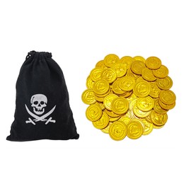 QEZEZA Pirate Game 100pcs Gold Coins Big Pirate Bag Toy Gold Coins Board Game Pirate Chip Coins Cosplay Stage Props Halloween Props (Gold)