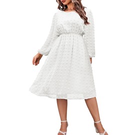 IN'VOLAND Women's Plus Size Swiss Dot Long Sleeve Chiffon Dress Flowy High Waist A Line Ruffle Babydoll Midi Dresses 16W-24W White