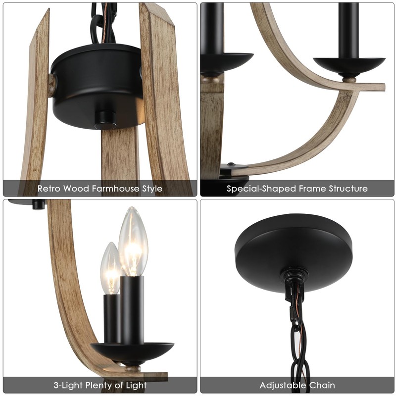 LAMPKEDUO Farmhouse Chandelier for Dining Room 3-Light 19" Wide Adjustable