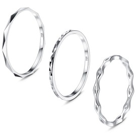 MILACOLATO 3Pcs 925 Sterling Silver Rings for Women Men 18K White Gold Plated Plain Band Knuckle Stacking Thumb Rings Diamond-Cut Wave Stackable Ring Set Comfort Fit Size 10
