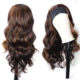 Headband Wig for Black Women Synthetic Body Wave Headband Wigs Dark Brown Blonde Highlights Wig with Headband Long Wavy Headband Wig Glueless None Lace Front Wigs for Women (24 Inches)