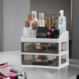 VOCOSTE Makeup Organizer Countertop, 2 Clear Drawer Makeup Organizer, Skincare Organizers for Lotions Lipstick Brushes, Make Up Organizers for Counter, Vanity Bathroom Counter Organizer