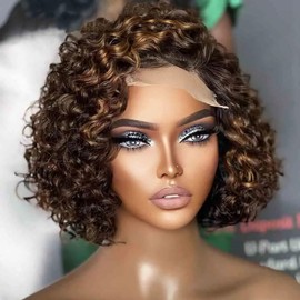 5x5 HD Lace Closure Wigs Human Hair 180% Density 1B/4 Highlight Bob Wig Human Hair Glueless Wigs Pre Plucked Short Curly Human Hair Wig Bleached Knots Ready to Wear (14inches)