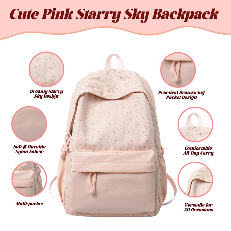 LTJTpeppa Pink Star Print Casual Daypack for Girls Teens Women（20Inch）