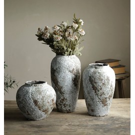 YSNCIDAN Rustic Ceramic Circular Flower Vase, Vintage Floor Tall Vases Farmhouse Decor for Living Room Entryway Table Centerpieces, Kitchen, Wedding Gift