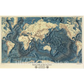 Historic Pictoric Wall Map, World - Ocean Floors and Land Relief. 1976 - Vintage Wall Art - 24in x 16in