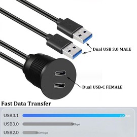 PENGLIN 1 Stück Doppel USB3.0 Stecker zu USB-C Buchse Konverter Adapter, USB Typ A zu Typ C Verlängerungskabel für Auto Armaturenbrett Desktop