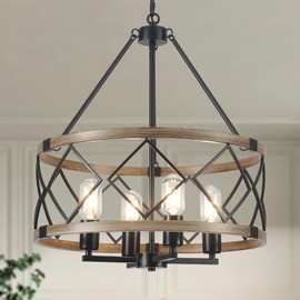 Farmhouse Chandelier for Dining Room 4-Light Rustic Chandeliers Imitation Wood Grain Pendant Light Fixture Modern Industrial Chandelier for Kitchen Island Entryway Foyer Bedroom Hallway，E26 Metal