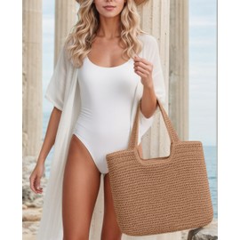 ALUWU Beach Bags for Women Pool Tote Bag Summer Straw Purse Woven Handbags with Zipper, Brown