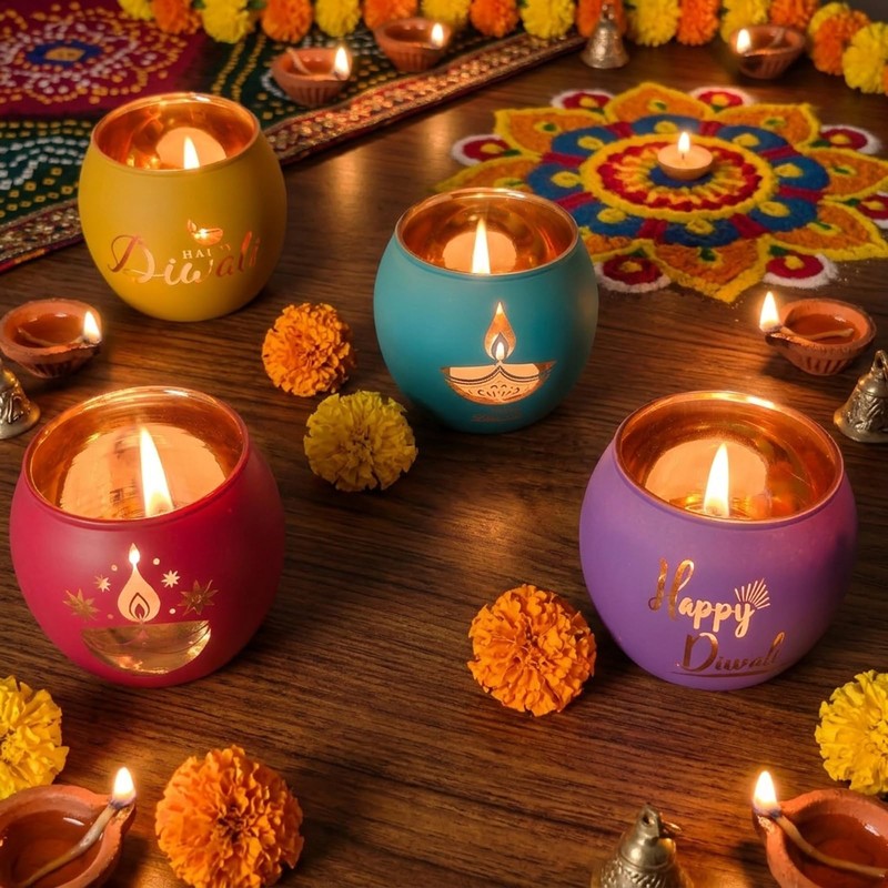 Glass Diwali Candle Holder - 4 Pcs Colorful Festival Tea