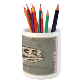 Lunarable Dinosaur Pencil Pen Holder, Vintage Style Dinosaur Skull Poster on Grungy Looking Background with Prints, Printed Ceramic Pencil Pen Holder for Desk Office Accessory, Sage Green Tan