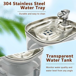 HSYDIY Transparent Stainless Steel Lid Pet Water Dispenser, 2L/Super Quiet Cat Drinking Water Dispenser, Activated Carbon Filter, BPA-Free Automatic Pet Water Dispenser for Cats and Small Dogs