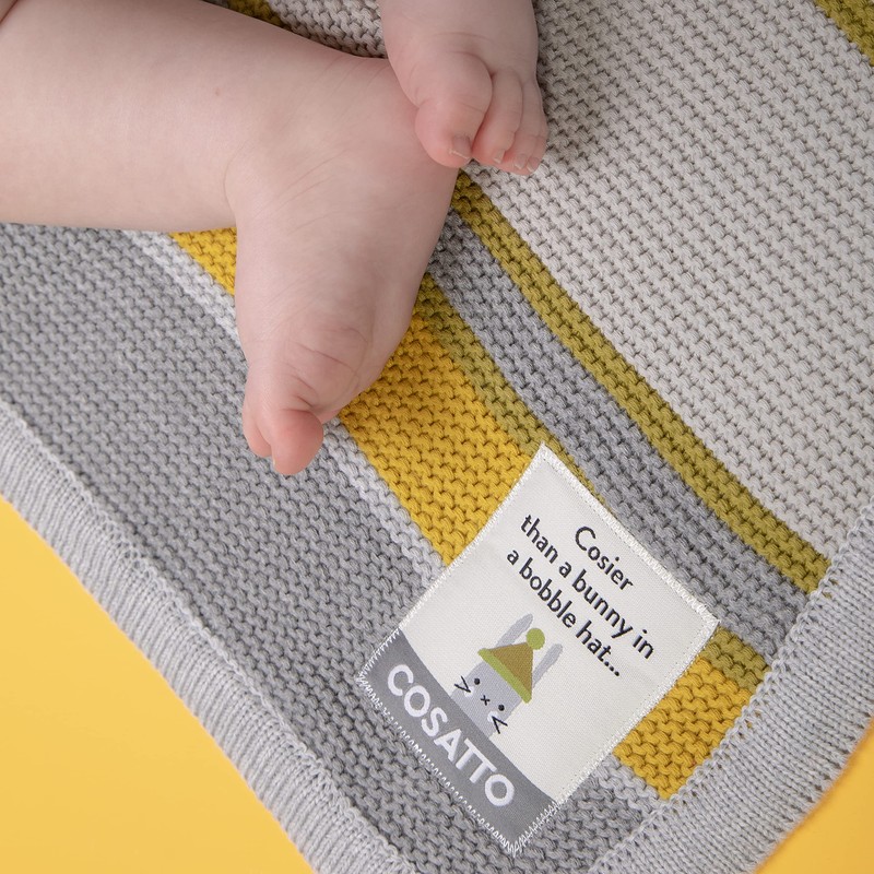 Cosatto Baby Blanket, Combed Cotton Knitted, New Baby Gift, Grey/Yellow,