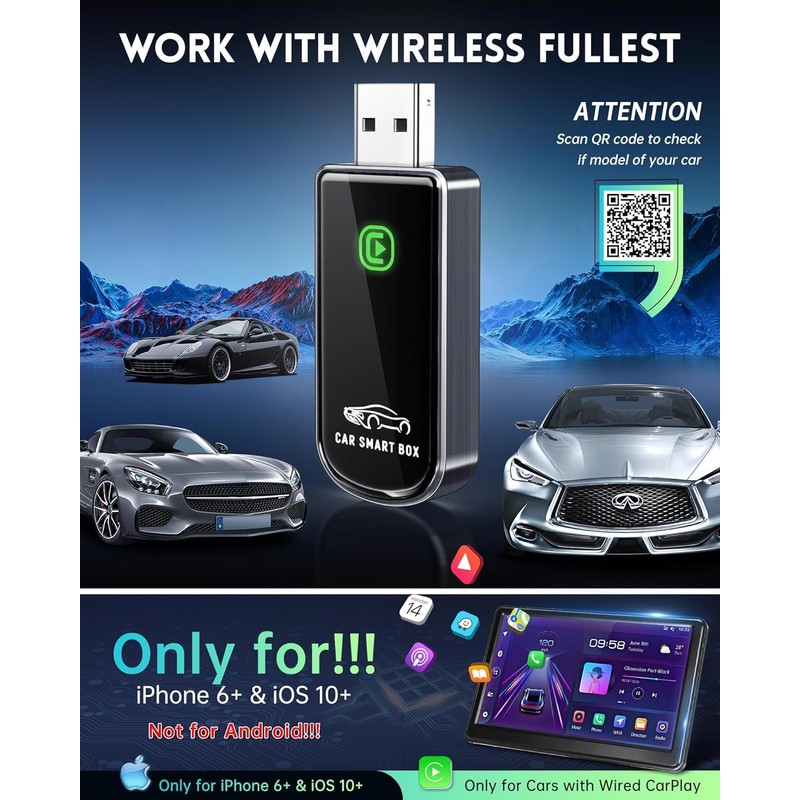 Amzfeel Wireless CarPlay Adapter for Apple iPhone iOS 10+ &