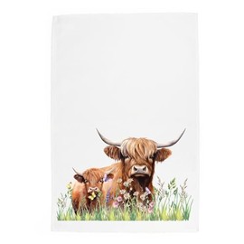 Purely Home Highland Cow & Calf Tea Towel - Farmyard Animals Panama Cotton Kitchen Dish Towel/Drying Cloth - 67cm x 45cm