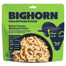 BIGHORN Mountain Food Vegetarian Creamy Mushroom Pasta - premium freeze dried meals for backpacking food - vegetarian backpacking meals - ideal camping meals just add water - great taste - 2 servings