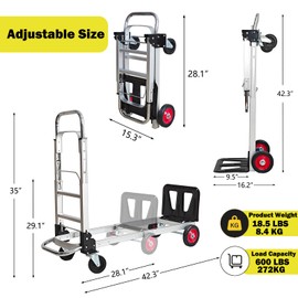 EAGWON 3-in-1 Aluminum Folding Hand Truck Dolly, 600 lbs Heavy Duty Convertible Cart with Retractable Handle, 4 Universal Rubber Wheels – Perfect for Home, Office, Warehouse & Supermarket