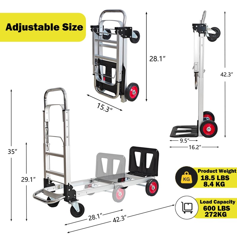 EAGWON 3-in-1 Aluminum Folding Hand Truck Dolly, 600 lbs Heavy