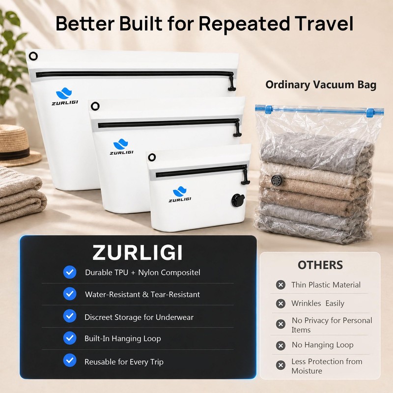 Zurligi Travel Vacuum Bags Kit with Pump, 6-Pack for Clothing