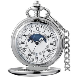 Alwesam Smooth Pocket Watch Moon Phase Calendar Roman Numerals Scale Quartz Pocket Watches with Chain Best Gifts-Silver