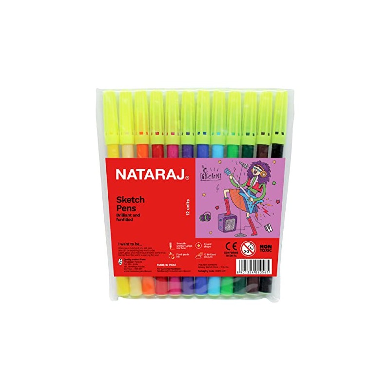 Nataraj Felt Tip Pens, MULTICOLOUR, Fibre Point, Pack of 12,